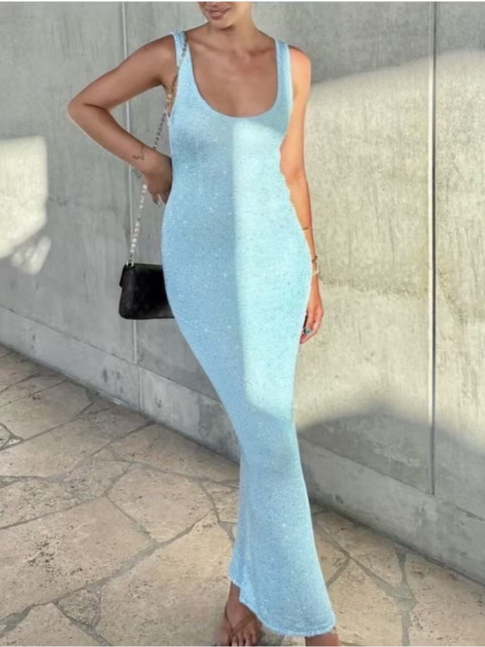 Asta Resort NWOT Light Blue Sleeveless Knit Maxi Dress Sequin Ana Dress